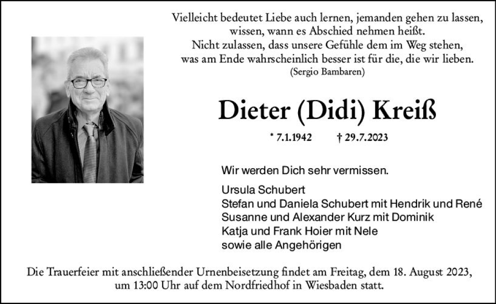  Traueranzeige für Dieter Kreiß vom 12.08.2023 aus Wiesbadener Kurier