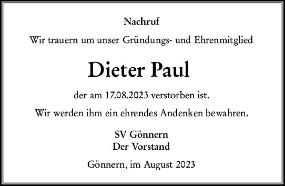  Traueranzeige für Dieter Paul vom 22.08.2023 aus Hinterländer Anzeiger
