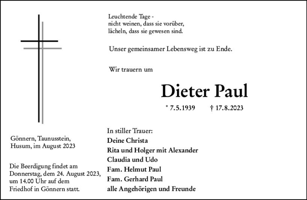  Traueranzeige für Dieter Paul vom 22.08.2023 aus Hinterländer Anzeiger
