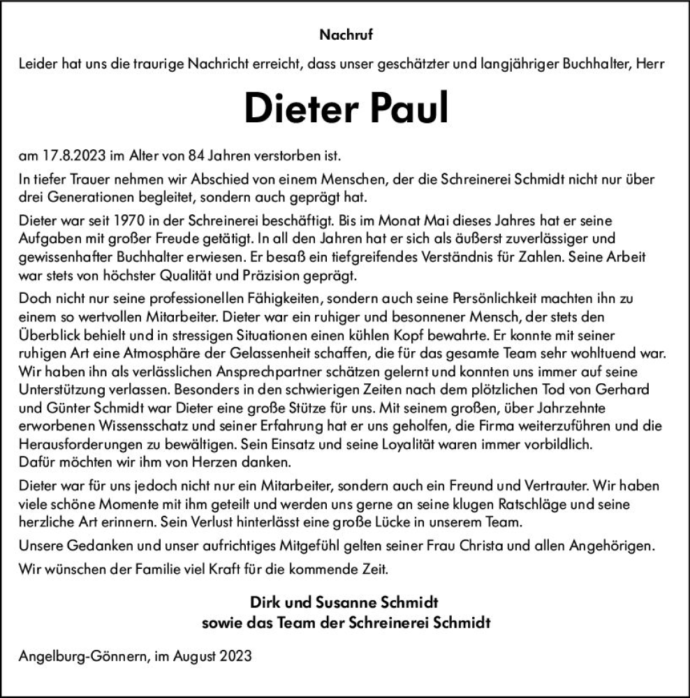  Traueranzeige für Dieter Paul vom 24.08.2023 aus Hinterländer Anzeiger