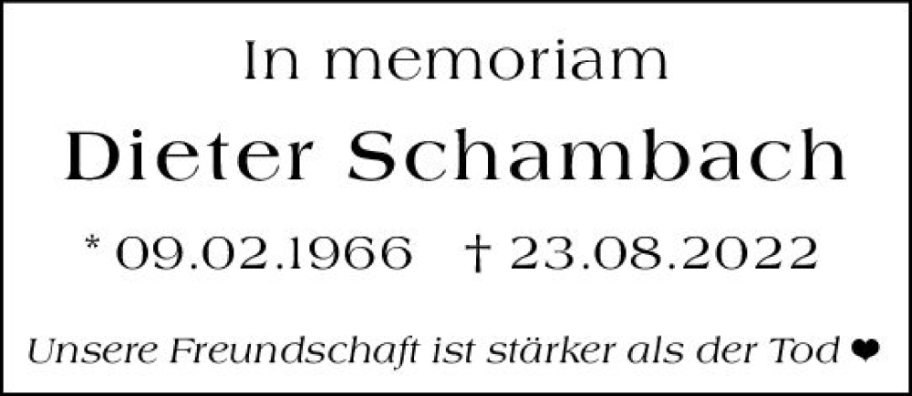  Traueranzeige für Dieter Schambach vom 23.08.2023 aus Wormser Zeitung