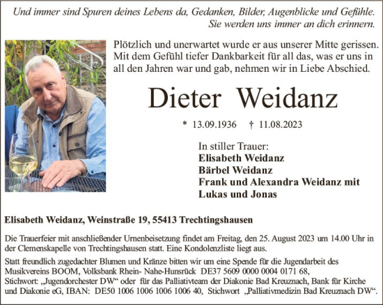 Traueranzeige von Dieter Weidanz von Allgemeine Zeitung Bingen/Ingelheim