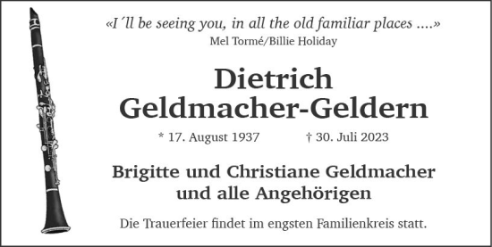 Traueranzeige von Dietrich Geldmacher-Geldern von Wiesbadener Kurier