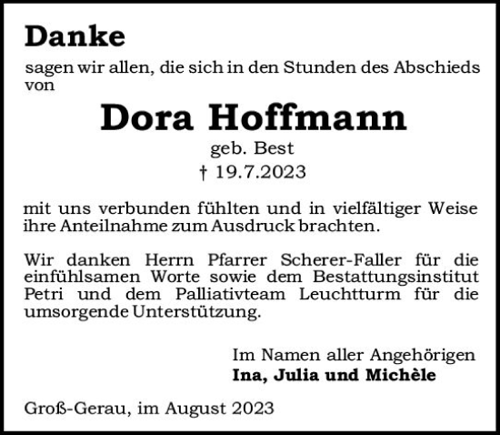 Traueranzeige von Dora Hoffmann von Groß-Gerauer Echo