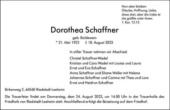 Traueranzeige von Dorothea Schaffner von Groß-Gerauer Echo