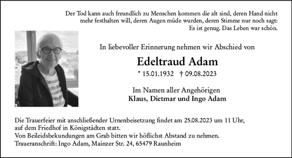  Traueranzeige für Edeltraud Adam vom 19.08.2023 aus Rüsselsheimer Echo