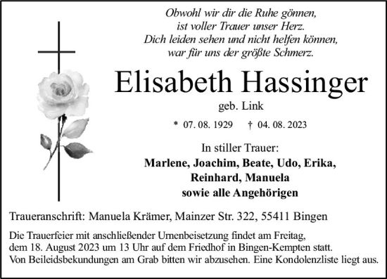 Traueranzeige von Elisabeth Hassinger von Bingen/Ingelheim WOBL inkl. Neue Binger Ztg.