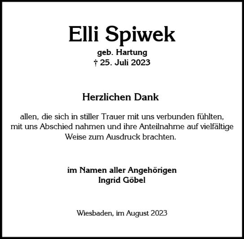  Traueranzeige für Elli Spiwek vom 19.08.2023 aus Wiesbadener Kurier
