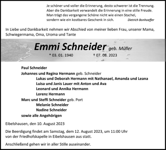 Traueranzeige von Emmi Schneider von Dill Block