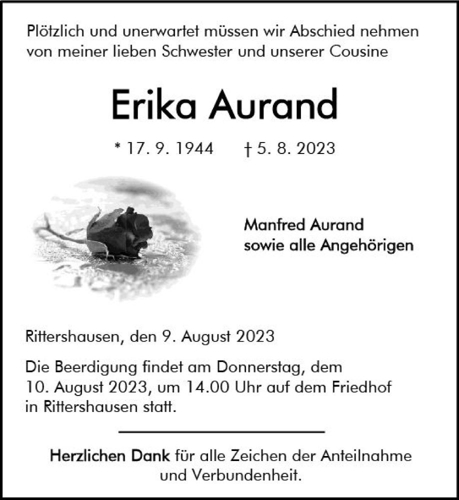  Traueranzeige für Erika Aurand vom 09.08.2023 aus Dill Block