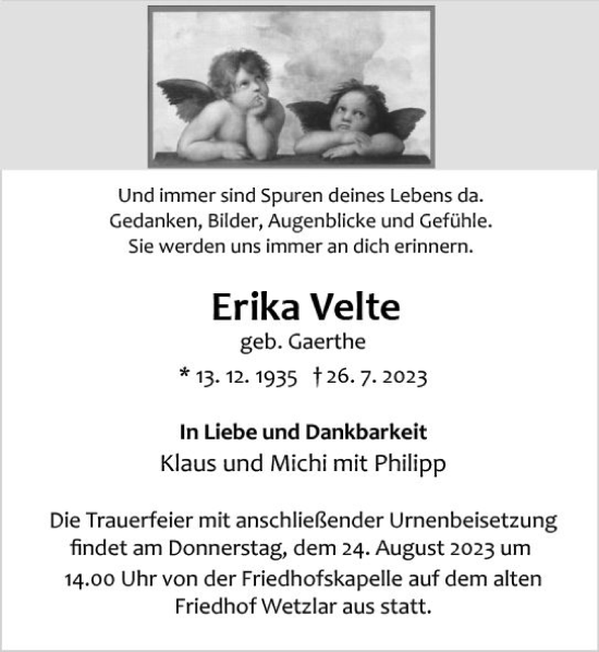 Traueranzeige von Erika Velte von Wetzlarer Neue Zeitung