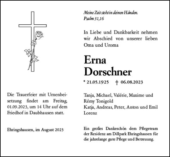 Traueranzeige von Erna Dorschner von Wetzlarer Neue Zeitung