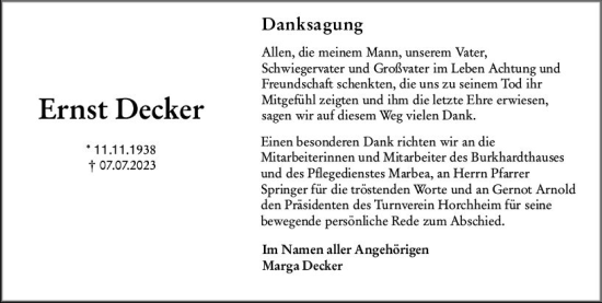 Traueranzeige von Ernst Decker von Wormser Zeitung
