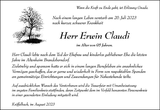 Traueranzeige von Erwin Claudi von Wetzlarer Neue Zeitung
