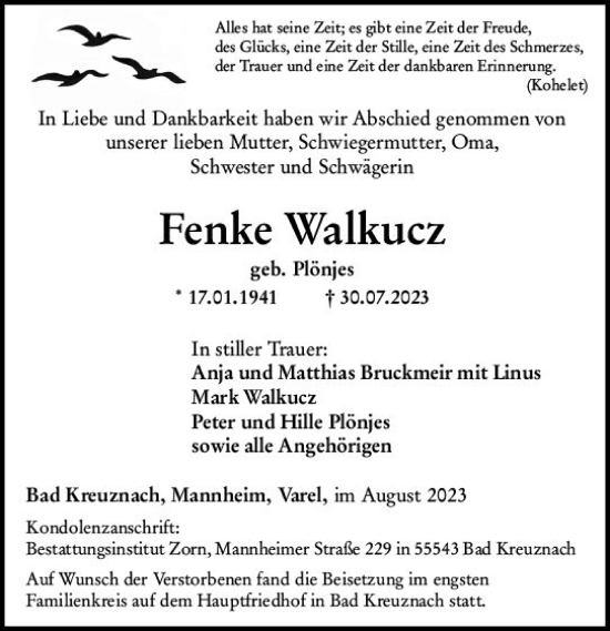 Traueranzeige von Fenke Walkucz von Allgemeine Zeitung Bad Kreuznach