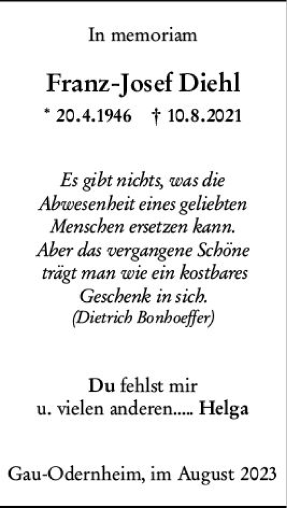  Traueranzeige für Franz-Josef Diehl vom 10.08.2023 aus Allgemeine Zeitung Alzey