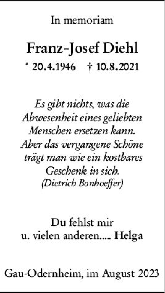 Traueranzeige von Franz-Josef Diehl von Allgemeine Zeitung Alzey