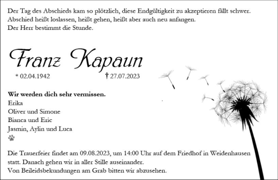 Traueranzeige von Franz Kapaun von Hinterländer Anzeiger