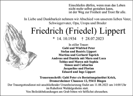 Traueranzeige von Friedrich  Lippert von Allgemeine Zeitung Bingen/Ingelheim