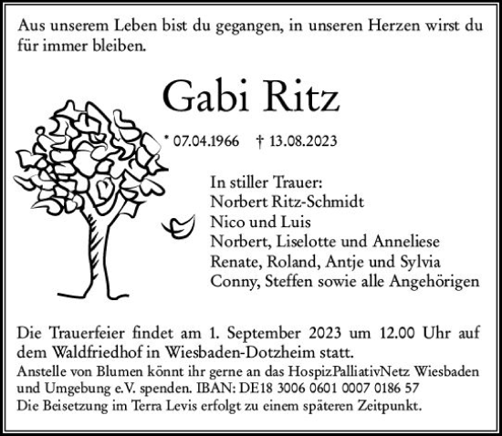 Traueranzeige von Gabi Ritz von Wiesbadener Kurier