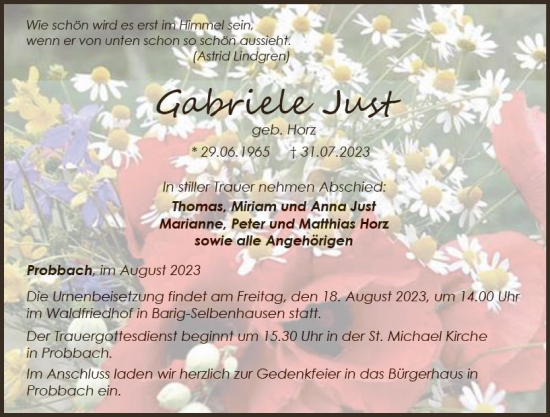 Traueranzeige von Gabriele Just von Weilburger Tageblatt