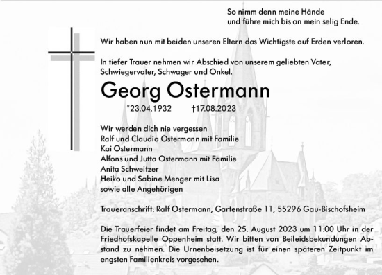 Traueranzeige von Georg Ostermann von Allgemeine Zeitung Mainz