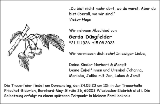 Traueranzeige von Gerda Düngfelder von Wiesbadener Kurier