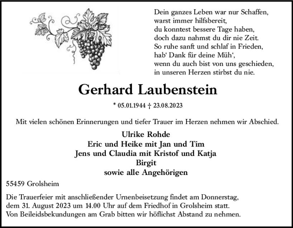  Traueranzeige für Gerhard Laubenstein vom 26.08.2023 aus Allgemeine Zeitung Bingen/Ingelheim