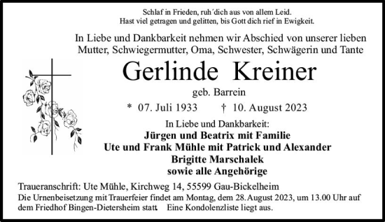 Traueranzeige von Gerlinde Kreiner von Bingen/Ingelheim WOBL inkl. Neue Binger Ztg.