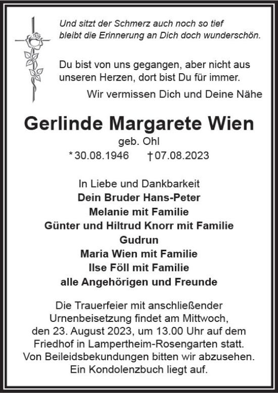 Traueranzeige von Gerlinde Margarete Wien von Wormser Zeitung