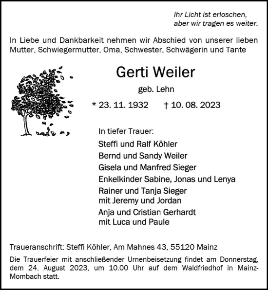 Traueranzeige von Gerti Weiler von Allgemeine Zeitung Mainz