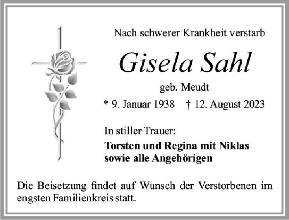 Traueranzeige für Gisela Sahl vom 17.08.2023 aus Camberger Anzeiger
