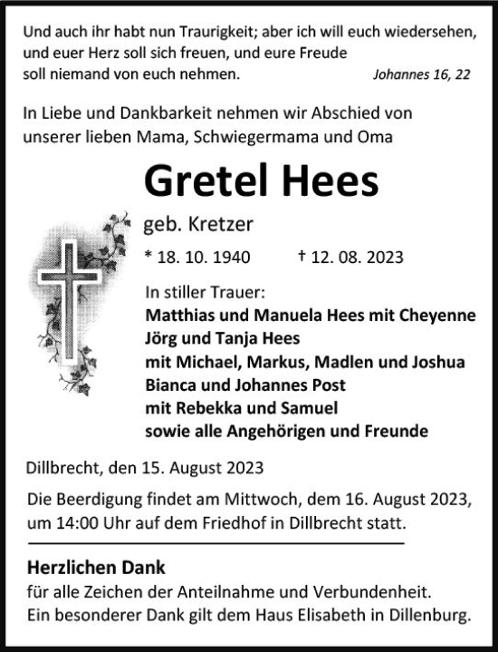 Traueranzeige von Gretel Hees von Dill Block