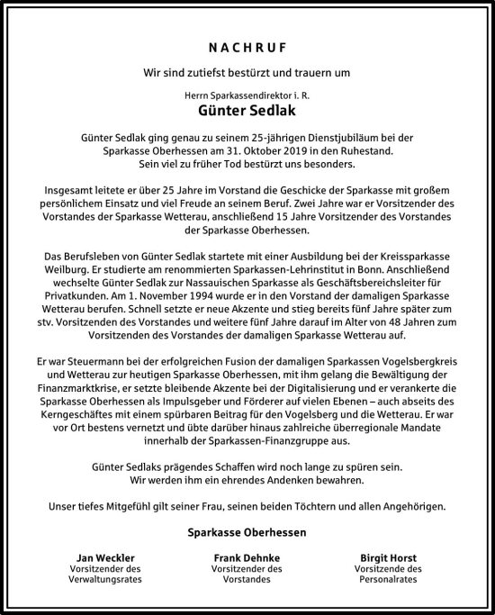 Traueranzeige von Günter Sedlak von VRM Trauer