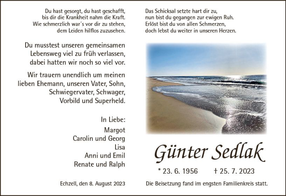  Traueranzeige für Günter Sedlak vom 08.08.2023 aus Weilburger Tageblatt