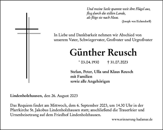 Traueranzeige von Günther Reusch von Nassauische Neue Presse