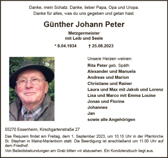 Traueranzeige von Günther Johann Peter von Allgemeine Zeitung Mainz