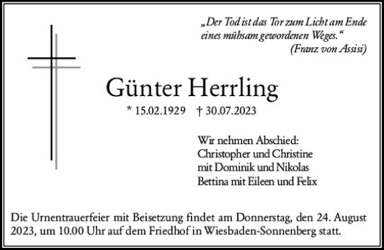 Traueranzeige von Gunter Herrling von Wiesbadener Kurier