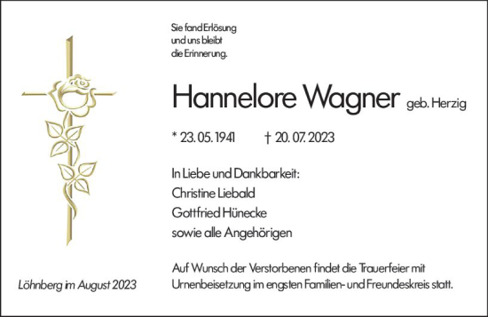 Traueranzeige von Hannelore Wagner von Weilburger Tageblatt