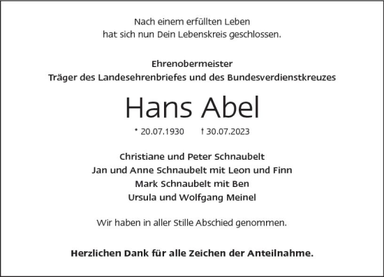 Traueranzeige von Hans Abel von Wetzlarer Neue Zeitung