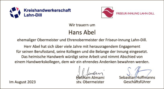 Traueranzeige von Hans Abel von Wetzlarer Neue Zeitung