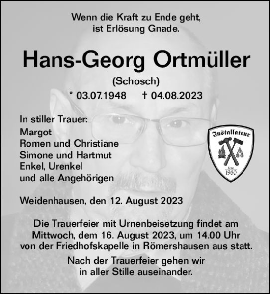 Traueranzeige von Hans-Georg Ortmüller von Hinterländer Anzeiger