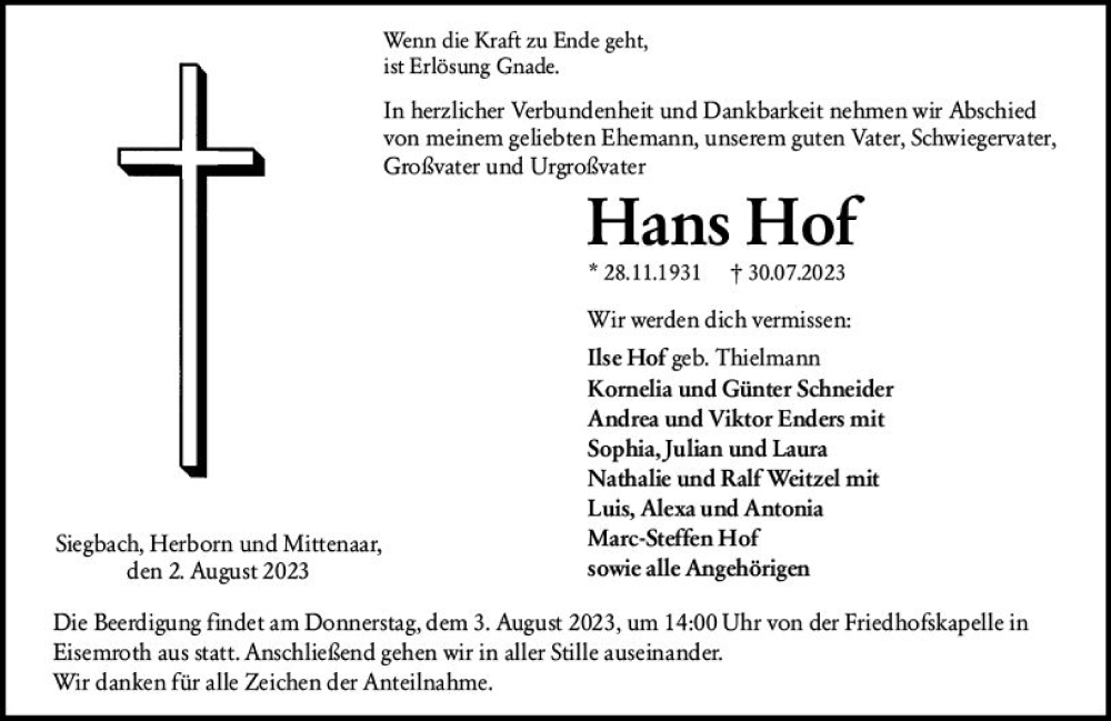  Traueranzeige für Hans Hof vom 02.08.2023 aus Dill Block