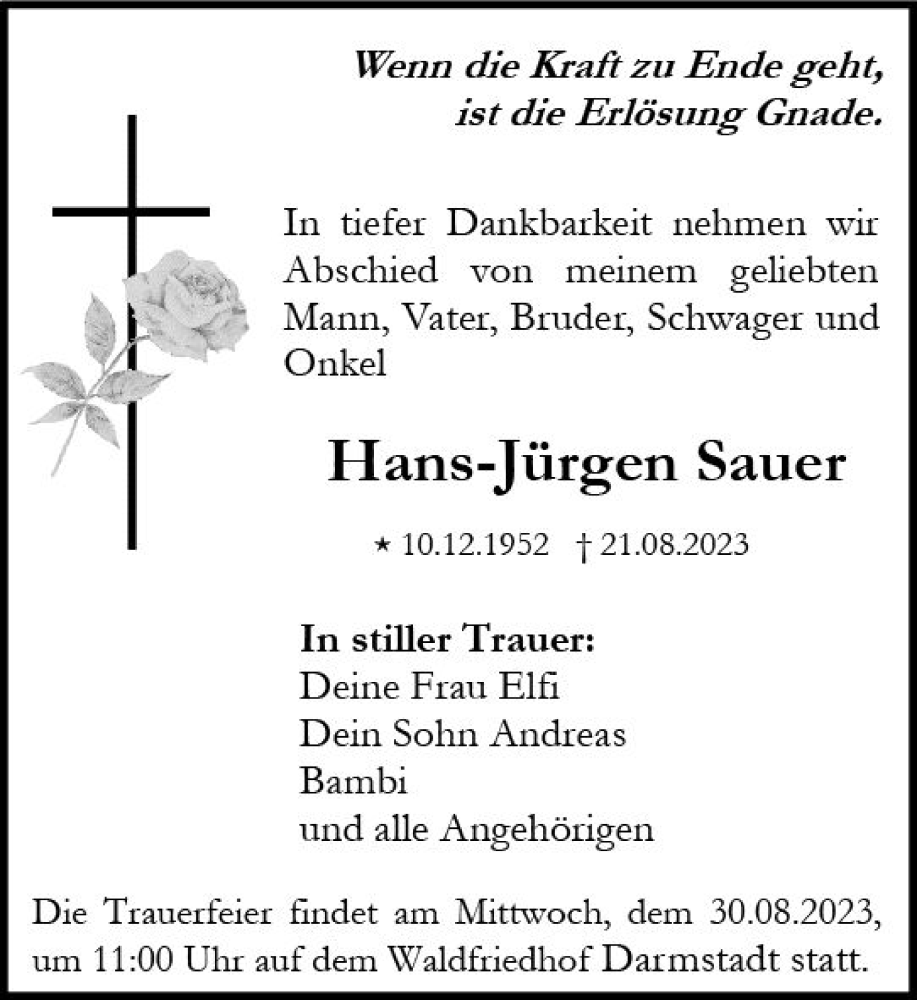  Traueranzeige für Hans-Jürgen Sauer vom 26.08.2023 aus Darmstädter Echo