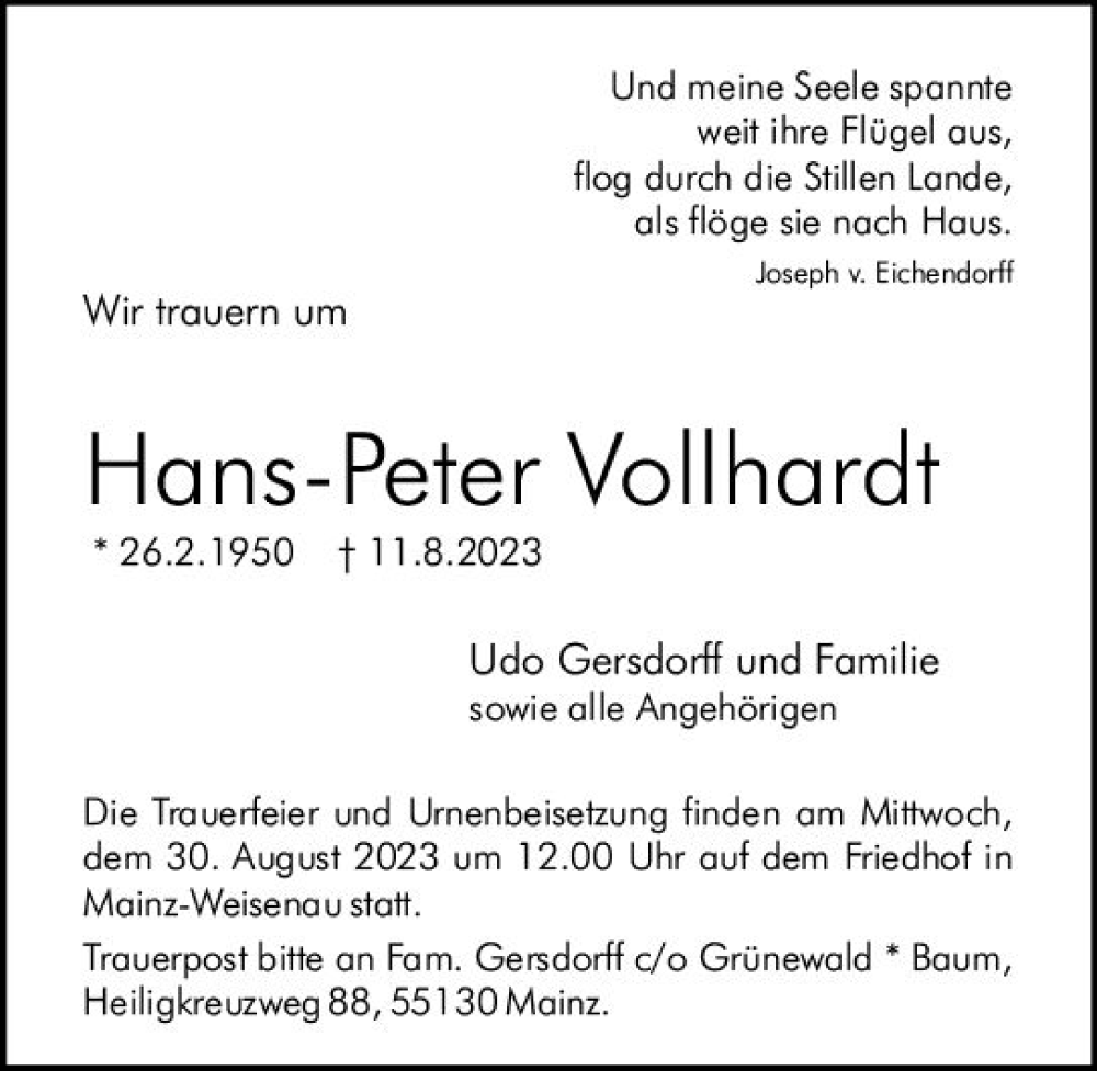  Traueranzeige für Hans-Peter Vollhardt vom 19.08.2023 aus Allgemeine Zeitung Mainz