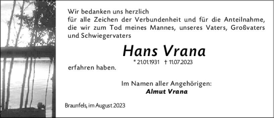 Traueranzeige von Hans Vrana von Wetzlarer Neue Zeitung