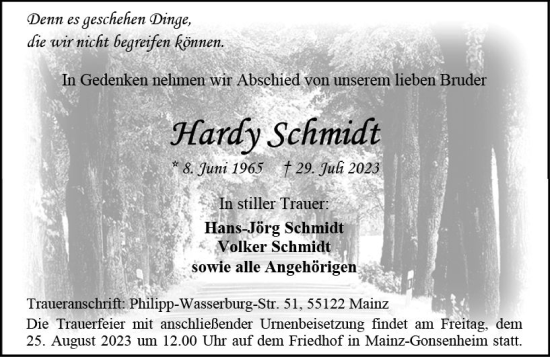 Traueranzeige von Hardy Schmidt von Allgemeine Zeitung Mainz