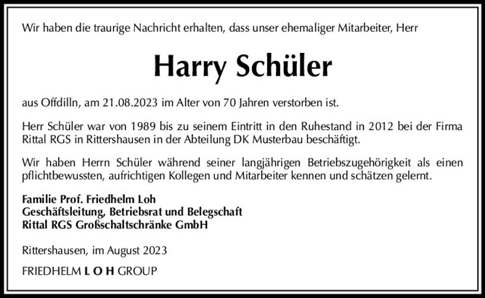  Traueranzeige für Harry Schüler vom 25.08.2023 aus Dill Block