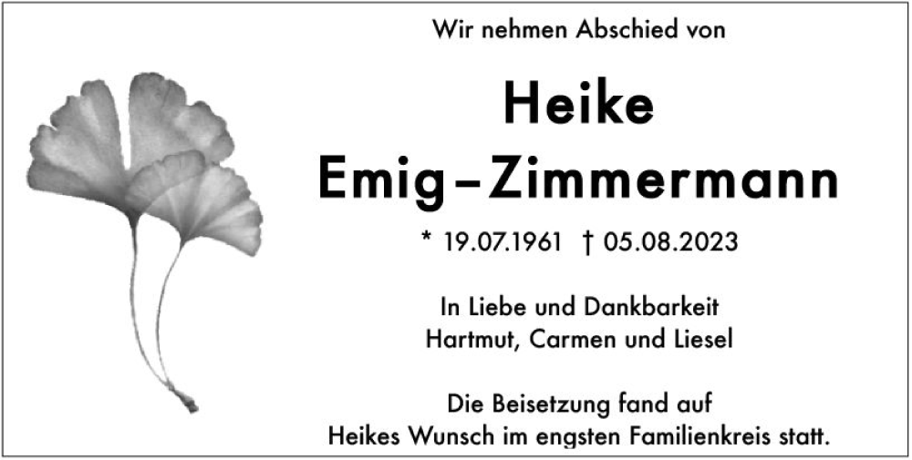  Traueranzeige für Heike Emig-Zimmermann vom 12.08.2023 aus Darmstädter Echo