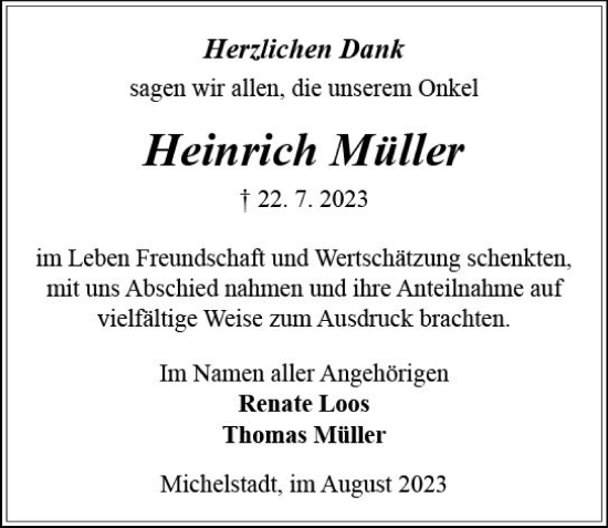 Traueranzeige von Heinrich Müller von Odenwälder Echo